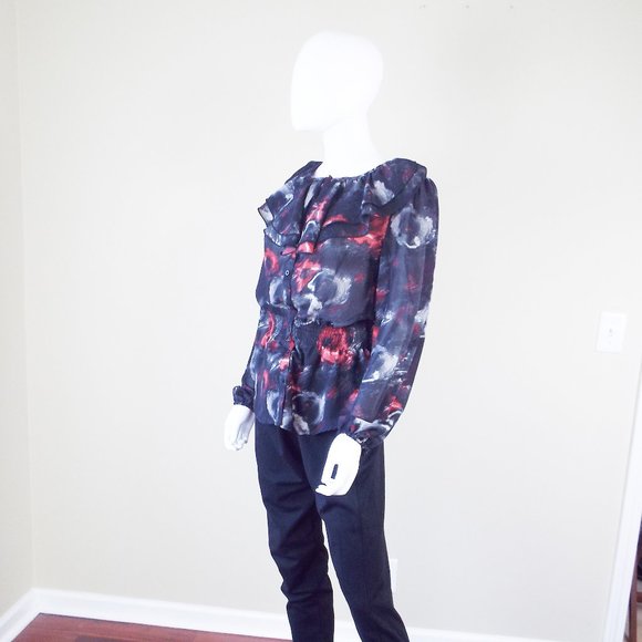 MISS TINA BLACK AND RED FLORAL RUFFLE FRONT LONG SLEEVE BLOUSE - SZ 8/10 - Picture 4 of 6